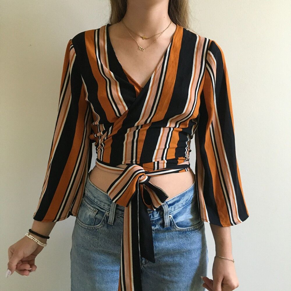 Retro Striped Wrap Crop Top Large Bell Sleeve Rust Orange Boho Tie Waist